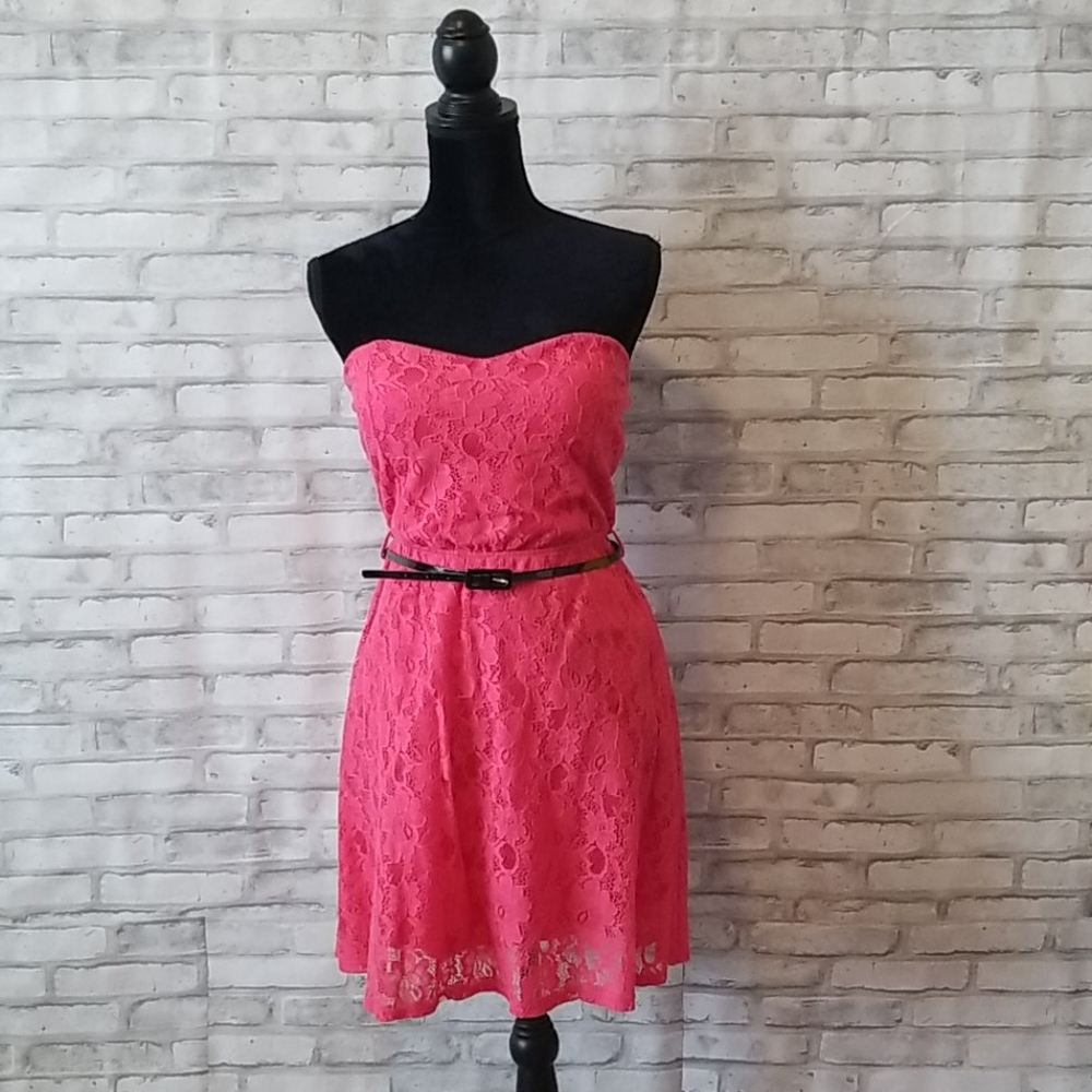 Coral Strapless Lace Dress with Belt